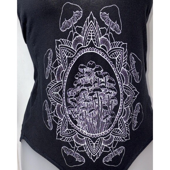 American Apparel Medium Halter Bodysuit Black Cotton Spandex Mushrooms - Picture 2 of 8